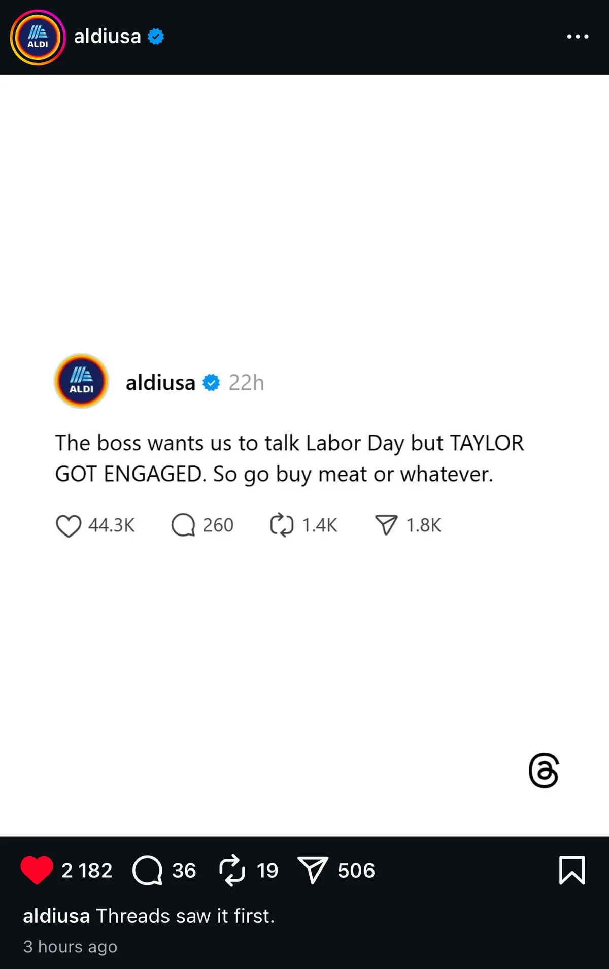Aldi — Taylor Got Engaged. So Go Buy Meat or Whatever.