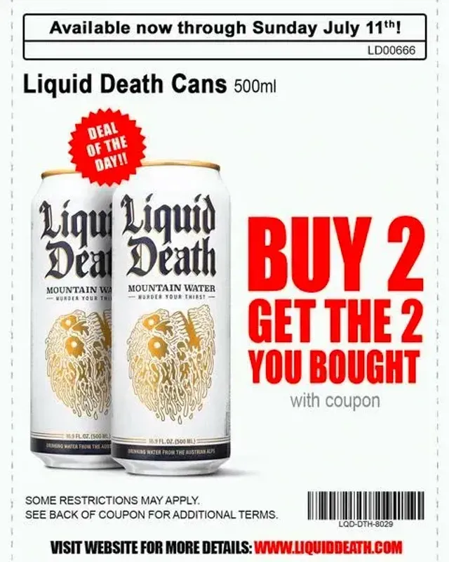 Liquid Death — Kupón „Buy 2, Get The 2 You Bought“
